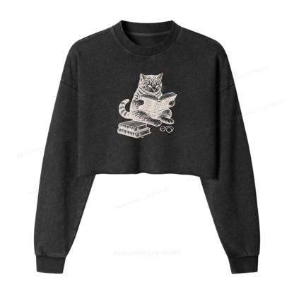 Pagewings Cat Reading Book Washed Crop Sweatshirt