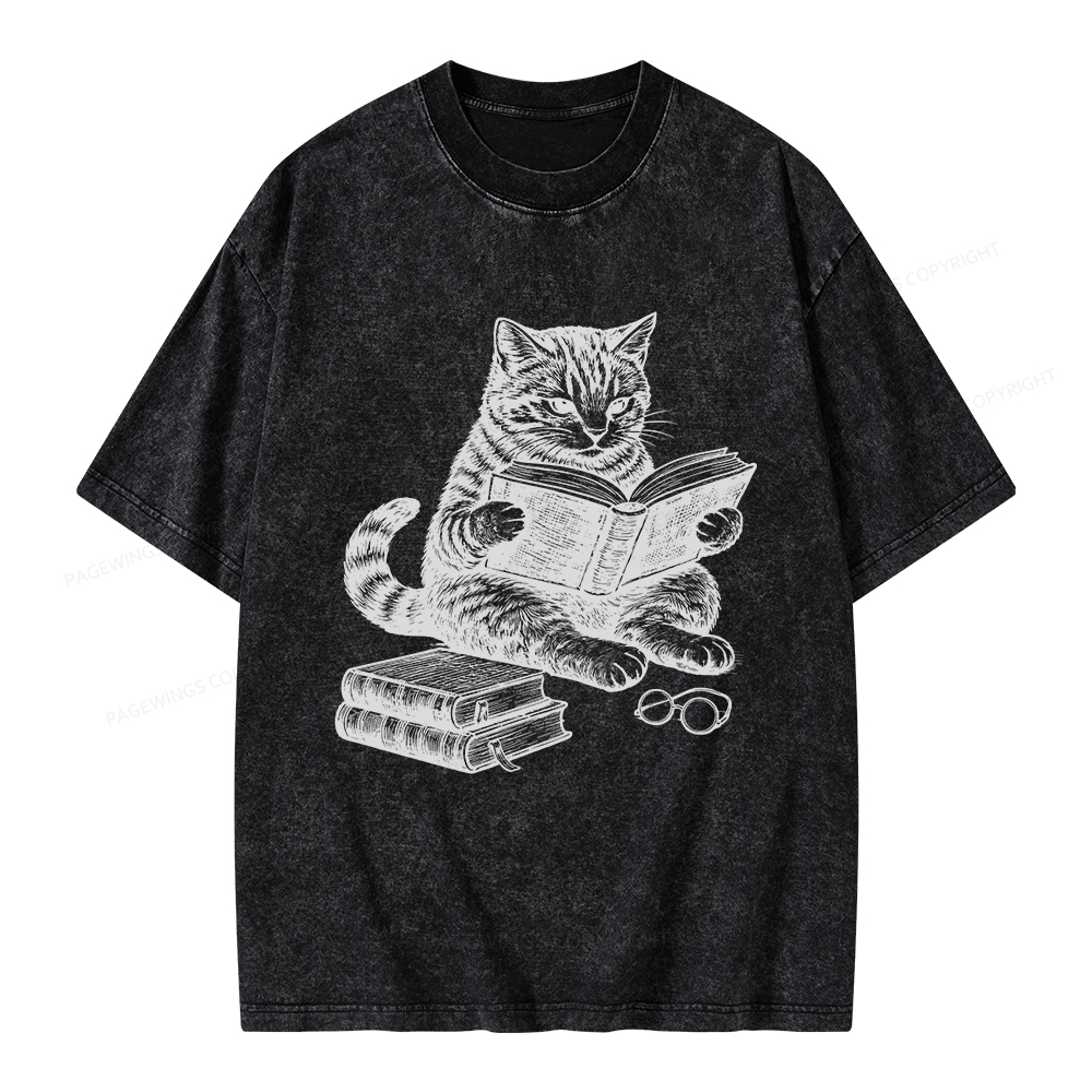 Pagewings Cat Reading Book Unisex Washed T-shirt