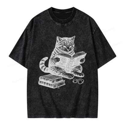 Pagewings Cat Reading Book Unisex Washed T-shirt