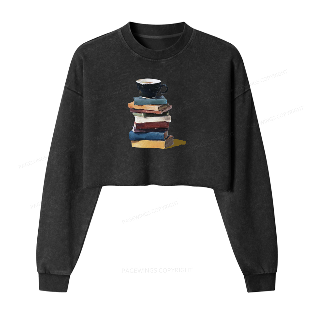 Pagewings Coffee And Books Washed Crop Sweatshirt