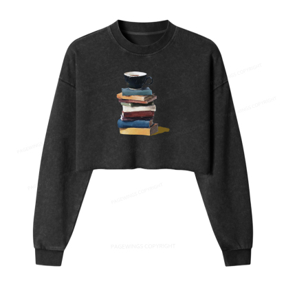Pagewings Coffee And Books Washed Crop Sweatshirt