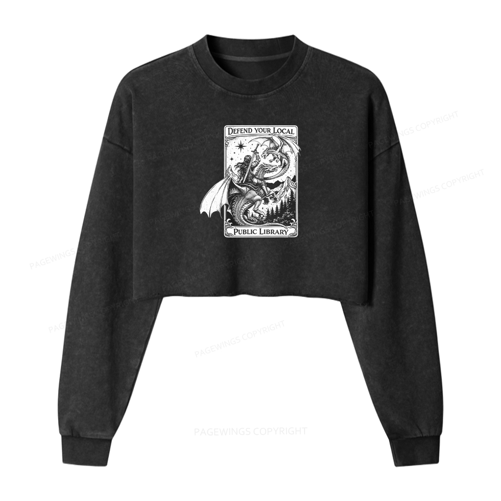 Pagewings Defend Your Local Public Library Washed Crop Sweatshirt