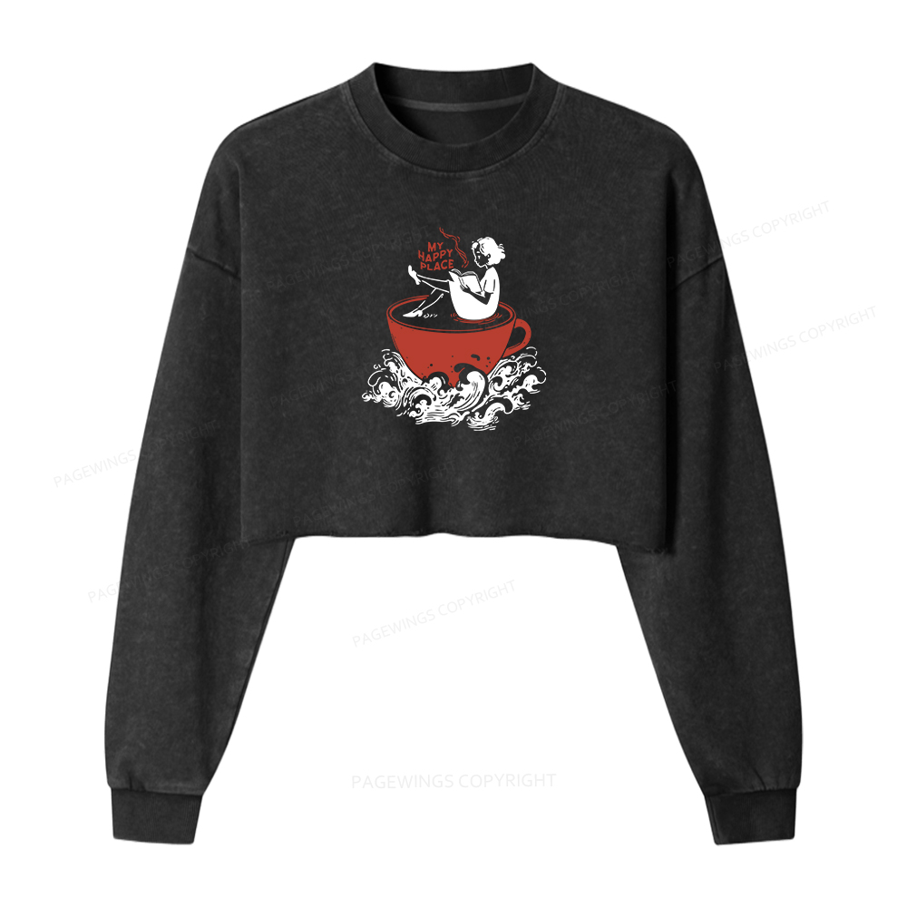 Pagewings Coffee And Books Washed Crop Sweatshirt