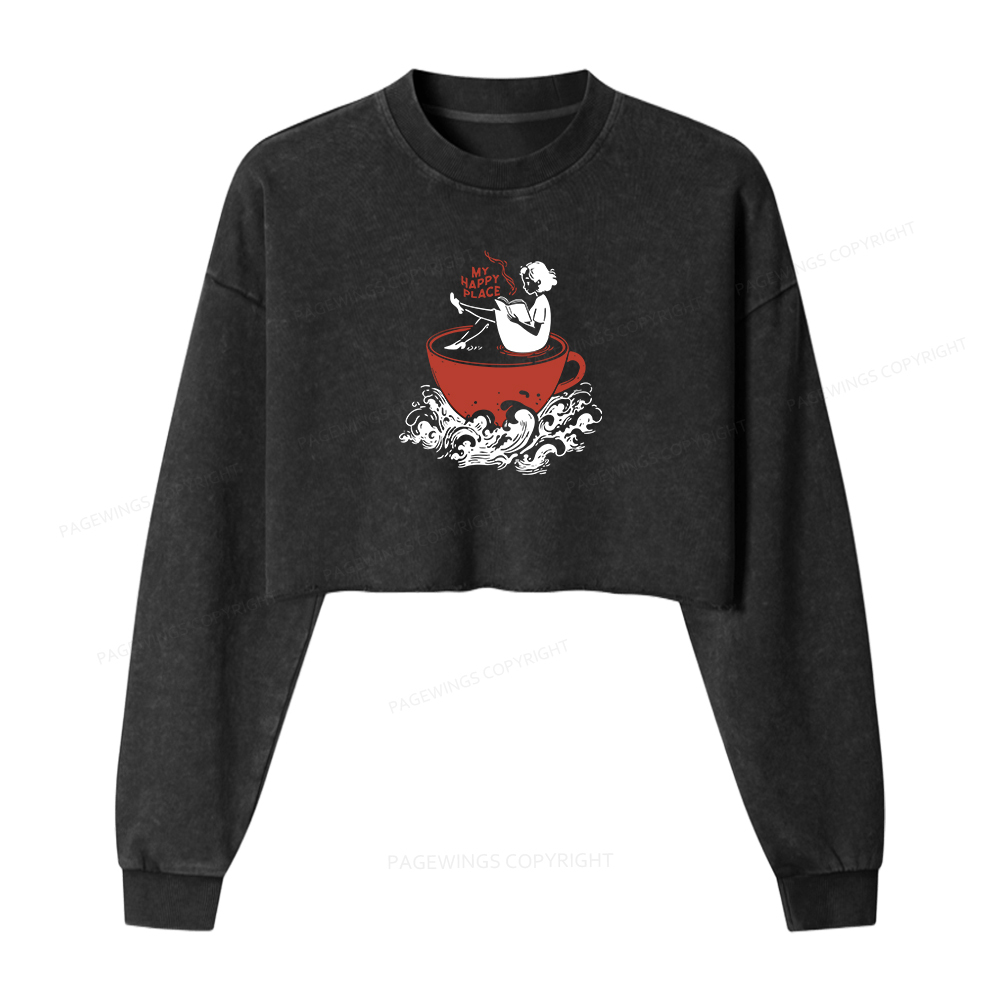 Pagewings Coffee And Books Washed Crop Sweatshirt