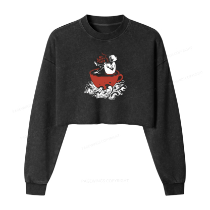 Pagewings Coffee And Books Washed Crop Sweatshirt