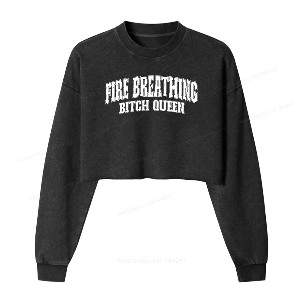 Pagewings Fire Breathing Bitch Queen Washed Crop Sweatshirt