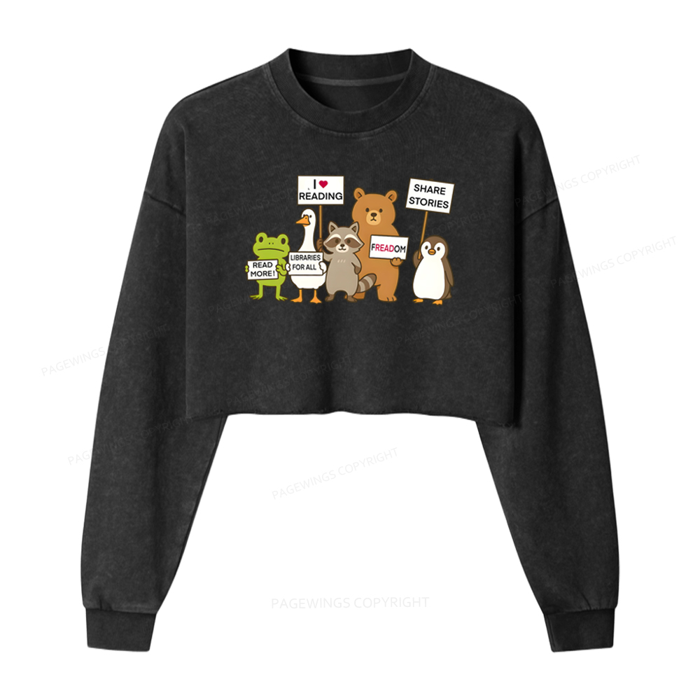Pagewings Animals Protest Washed Crop Sweatshirt