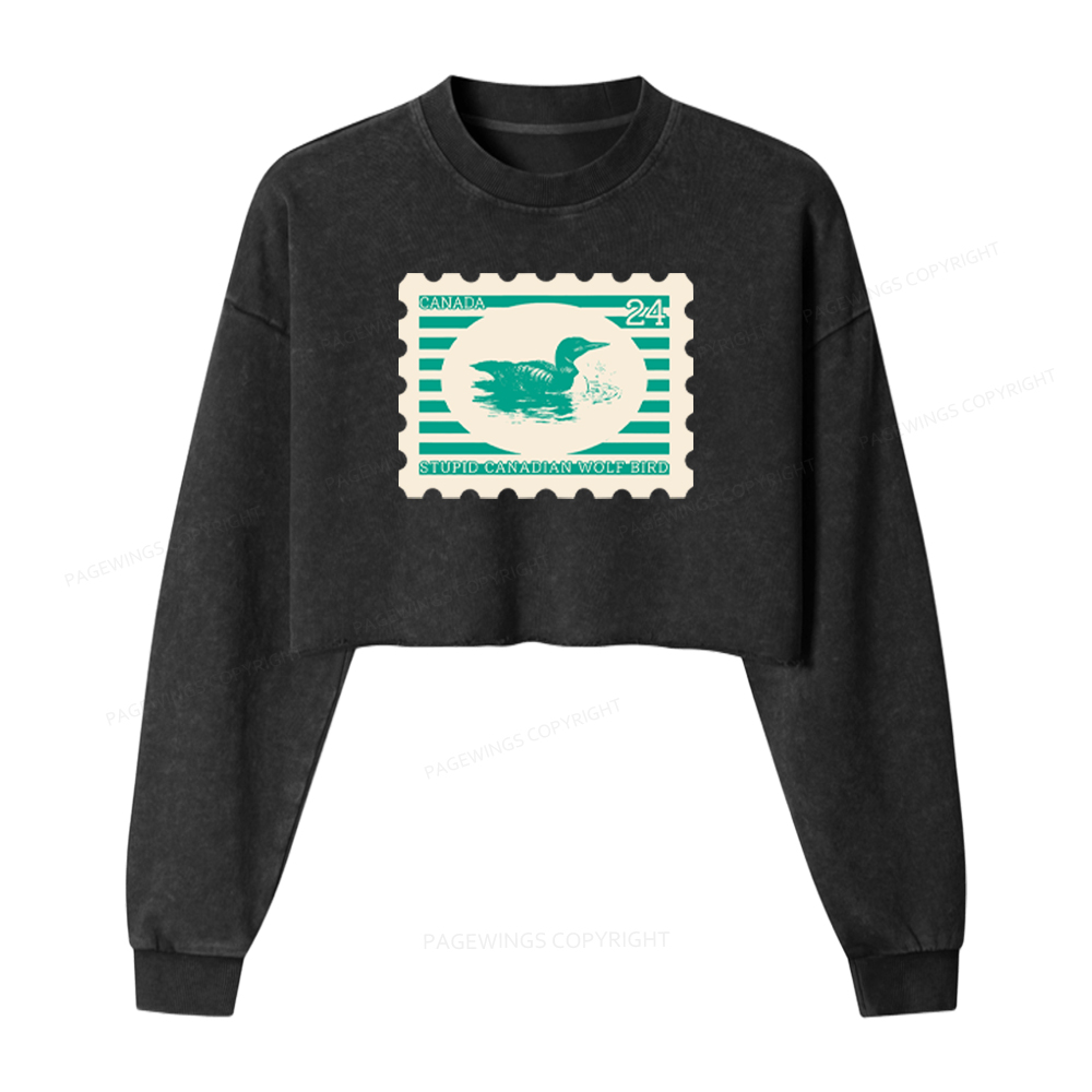 Pagewings Stupid Canadian Wolf Bird Washed Crop Sweatshirt