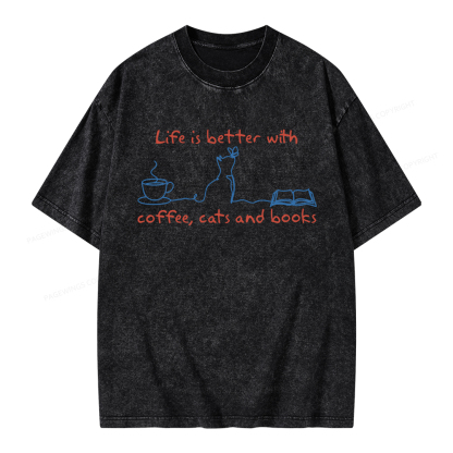Pagewings Life Is Better With Coffee Cats And Books Unisex Washed T-shirt