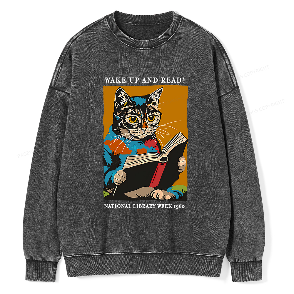 Pagewings Cat Reading Poster Unisex Washed Sweatshirt