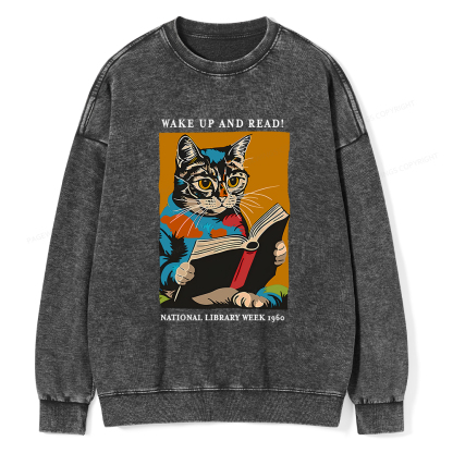 Pagewings Cat Reading Poster Unisex Washed Sweatshirt