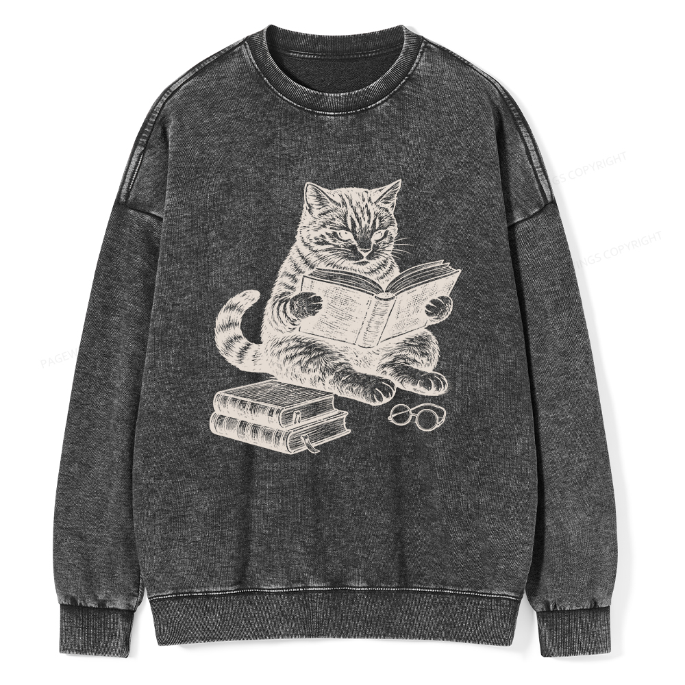 Pagewings Cat Reading Book Unisex Washed Sweatshirt
