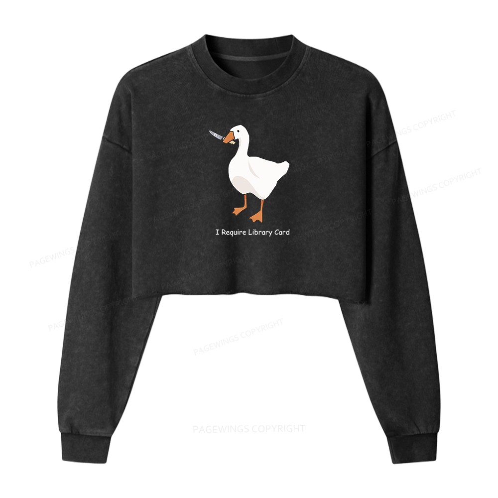 Pagewings I Require Library Card Washed Crop Sweatshirt