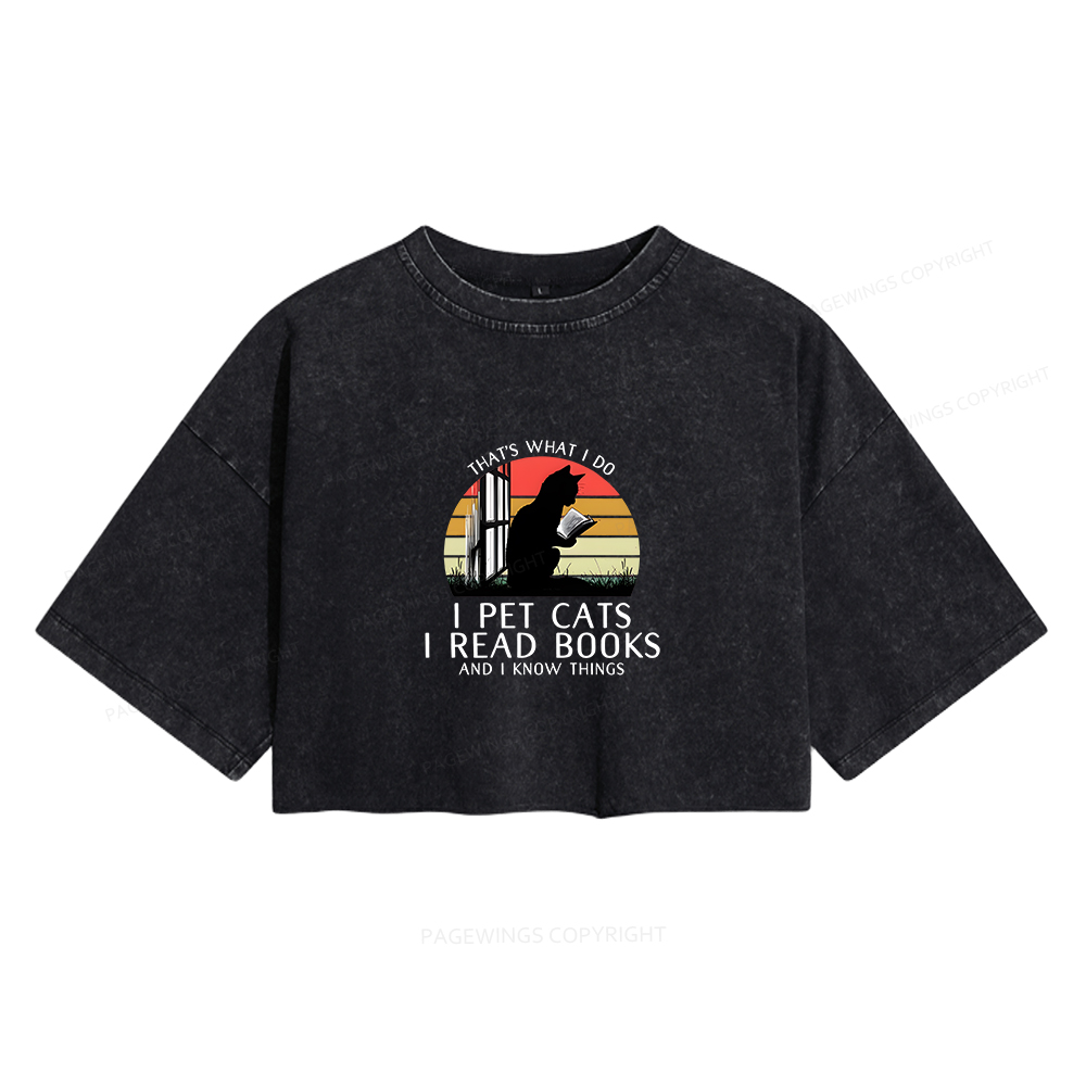 Pagewings Book Lover Cat And Book Women's Washed Cropped T-shirt