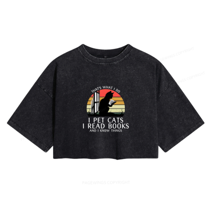 Pagewings Book Lover Cat And Book Women's Washed Cropped T-shirt