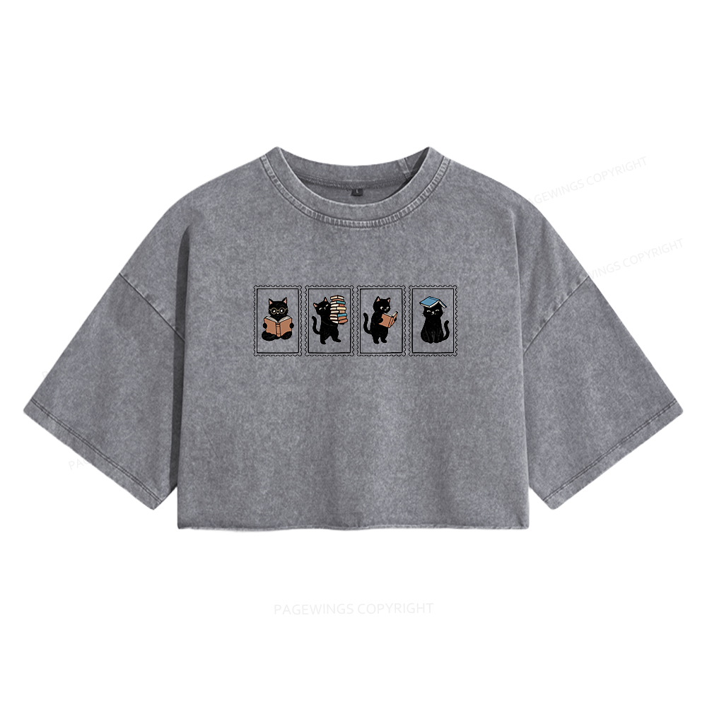 Pagewings Black Cats and Books Women's Washed Cropped T-shirt
