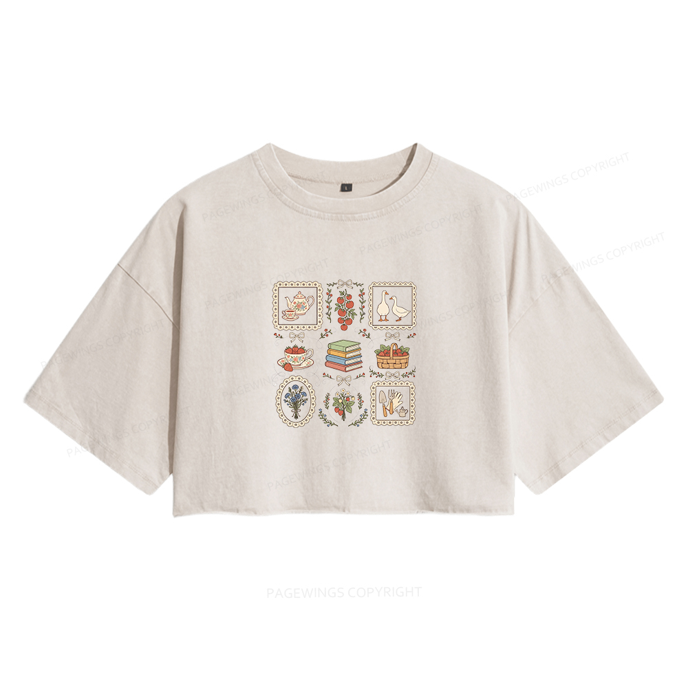 Pagewings Goose Reading Women's Washed Cropped T-shirt