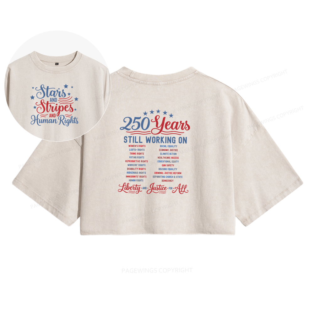 Pagewings Stars and Stripes And Human Rights Women's Washed Cropped T-shirt