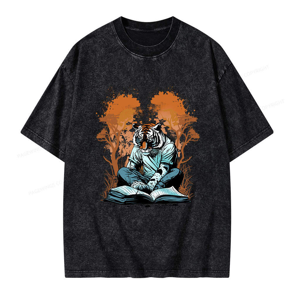 Pagewings Tiger Reading A Book Unisex Washed T-shirt