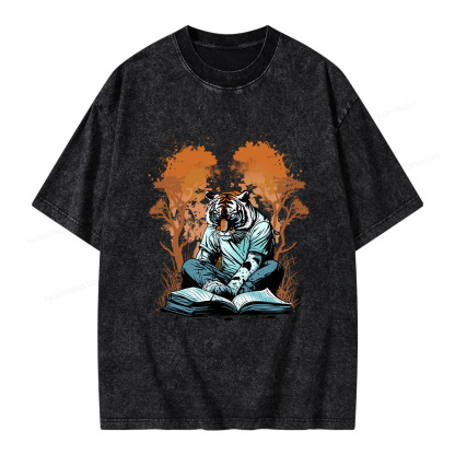 Pagewings Tiger Reading A Book Unisex Washed T-shirt