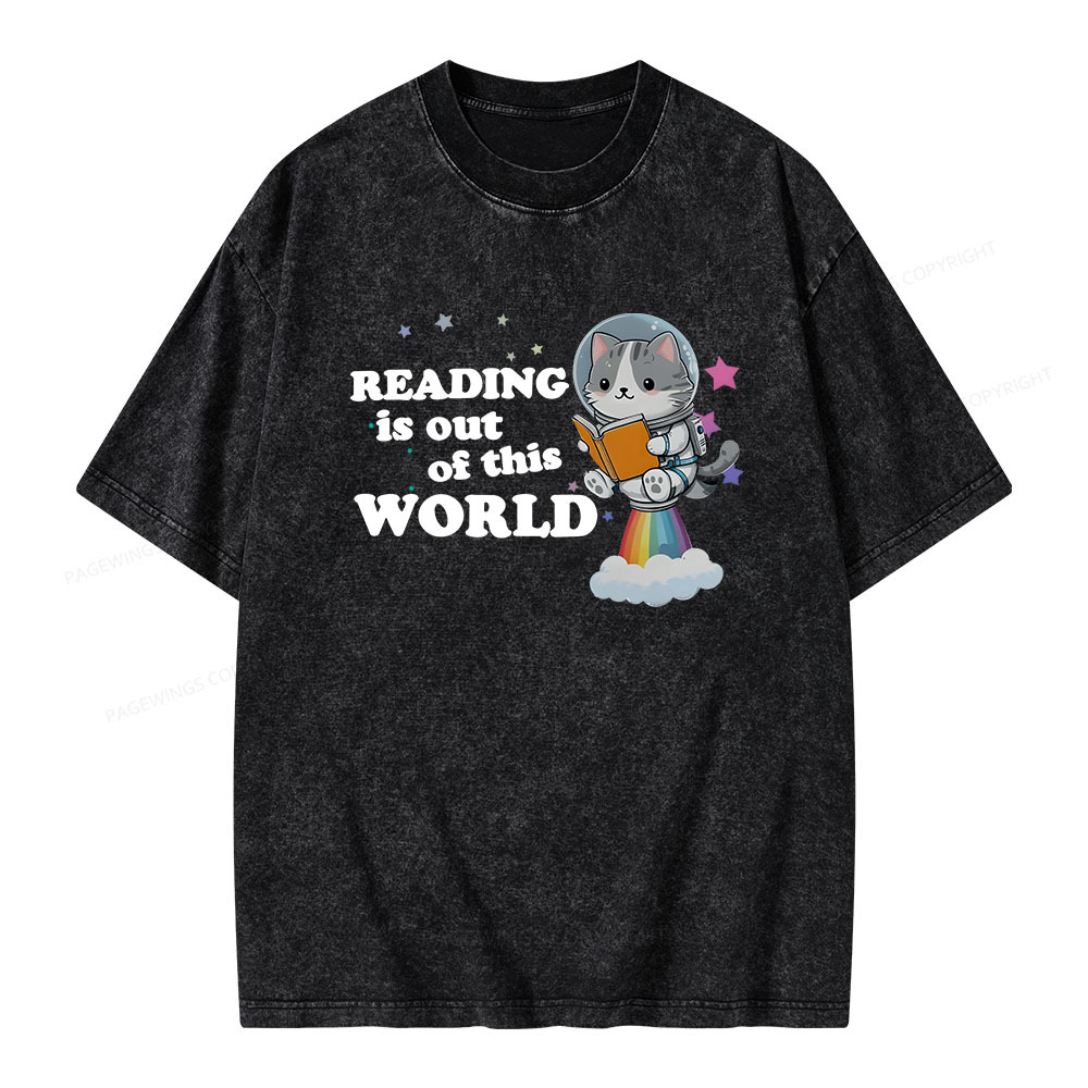 Pagewings Cat Reading in Space Unisex Washed T-shirt