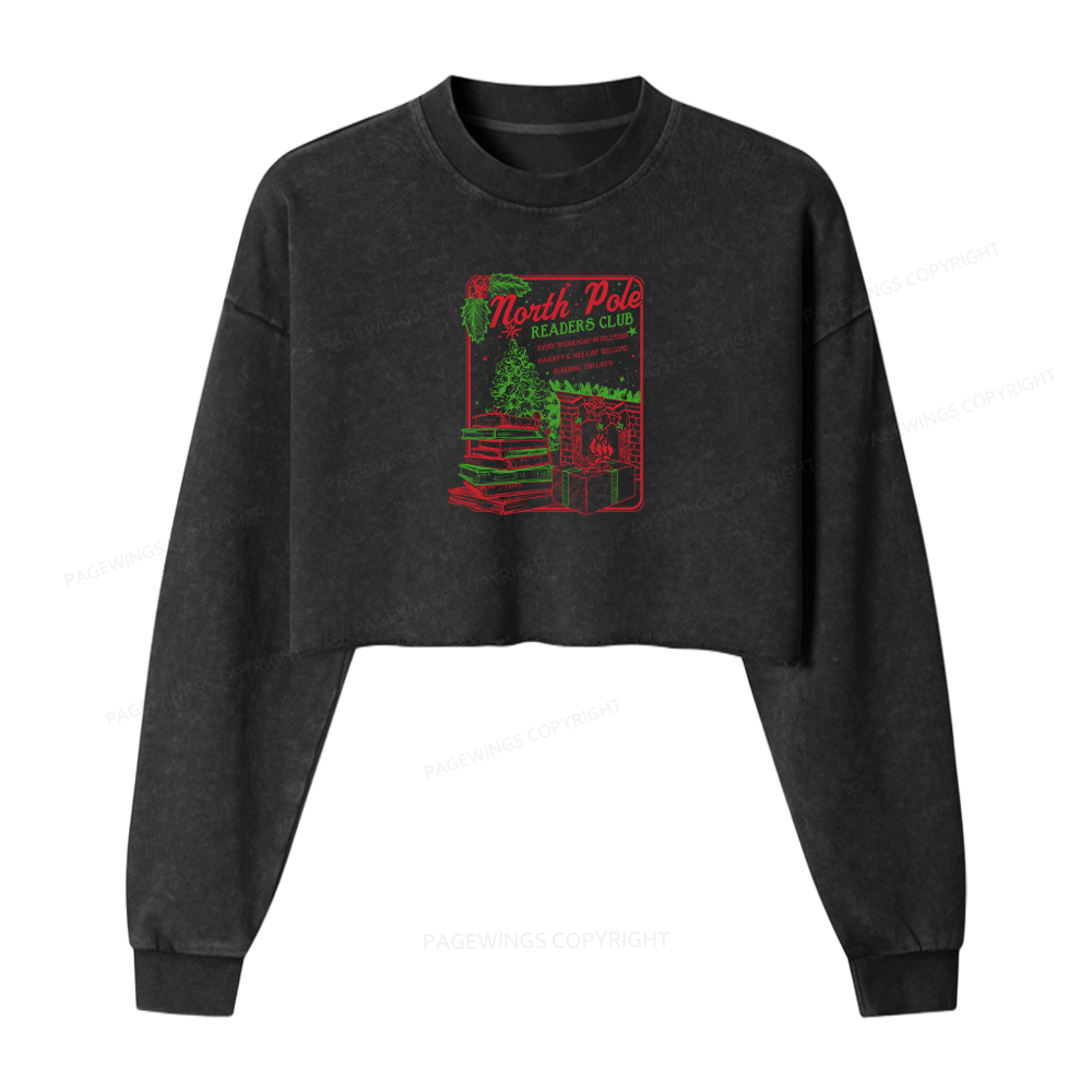 Pagewings Bookish Christmas Women Washed Crop Sweatshirt