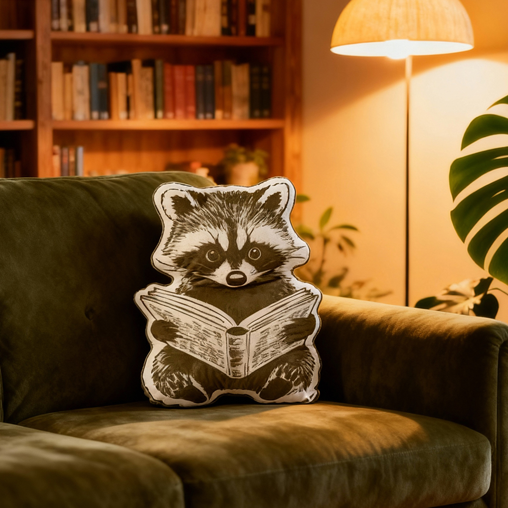 Pagewings Cute Raccoon Reading Book Shaped Throw Pillow