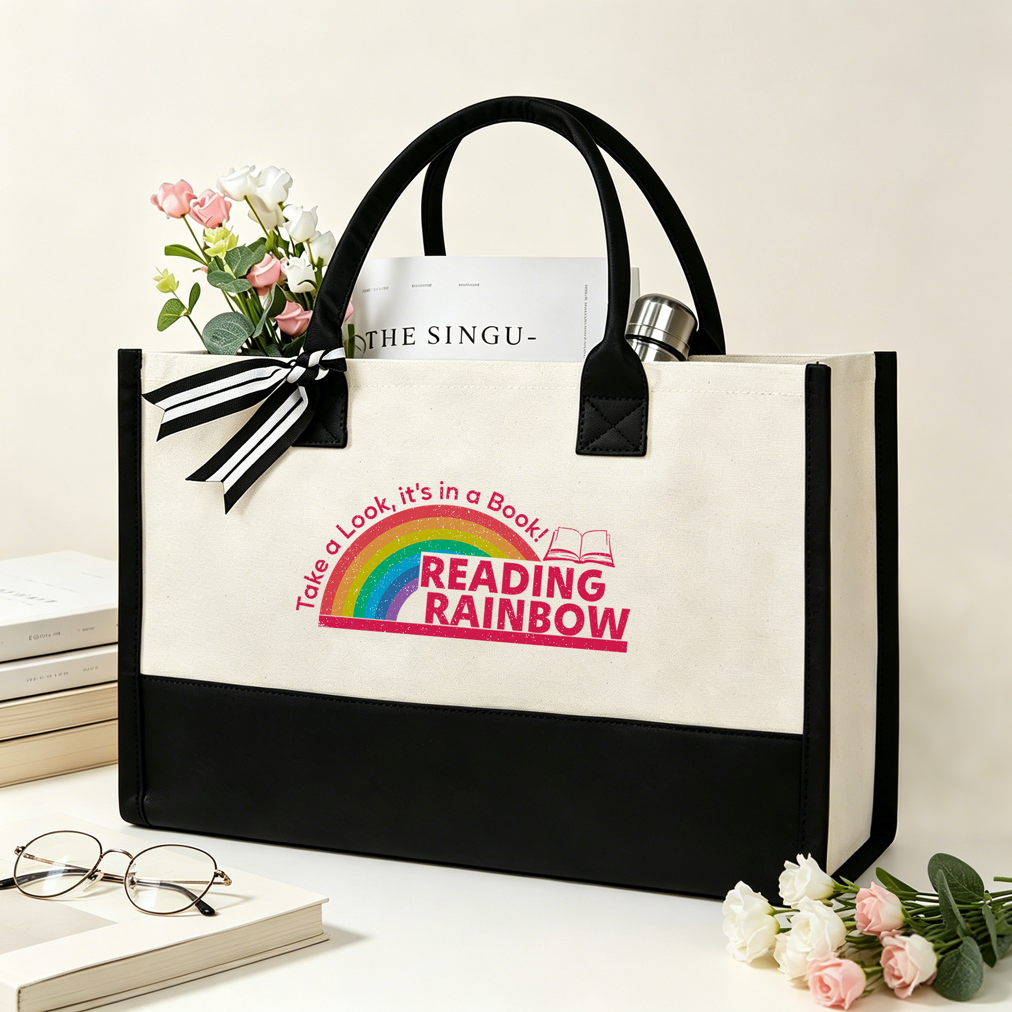 Pagewings Reading With Rainbow11479 Large Tote Bag