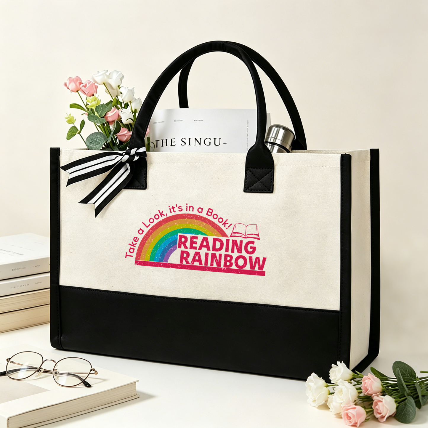 Pagewings Reading With Rainbow11479 Large Tote Bag