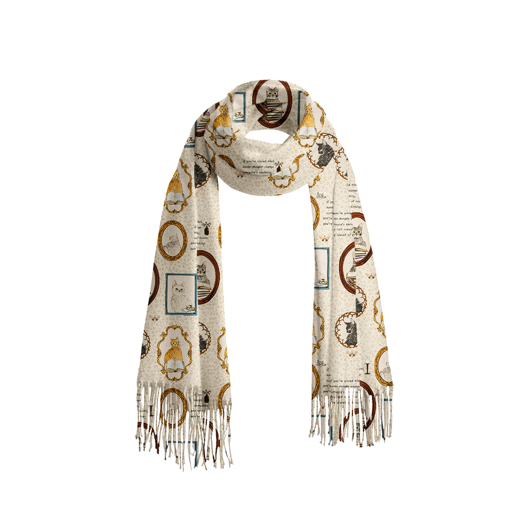 Pagewings Cat Reading  Long Fringe Scarf 