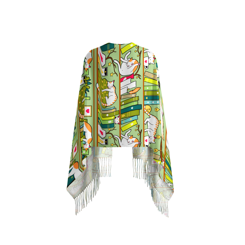 Pagewings Cat Reading Long Fringe Scarf