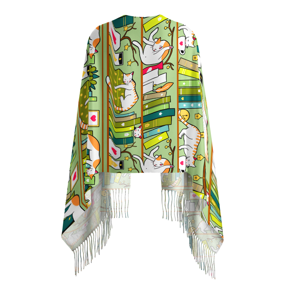 Pagewings Cat Reading Long Fringe Scarf
