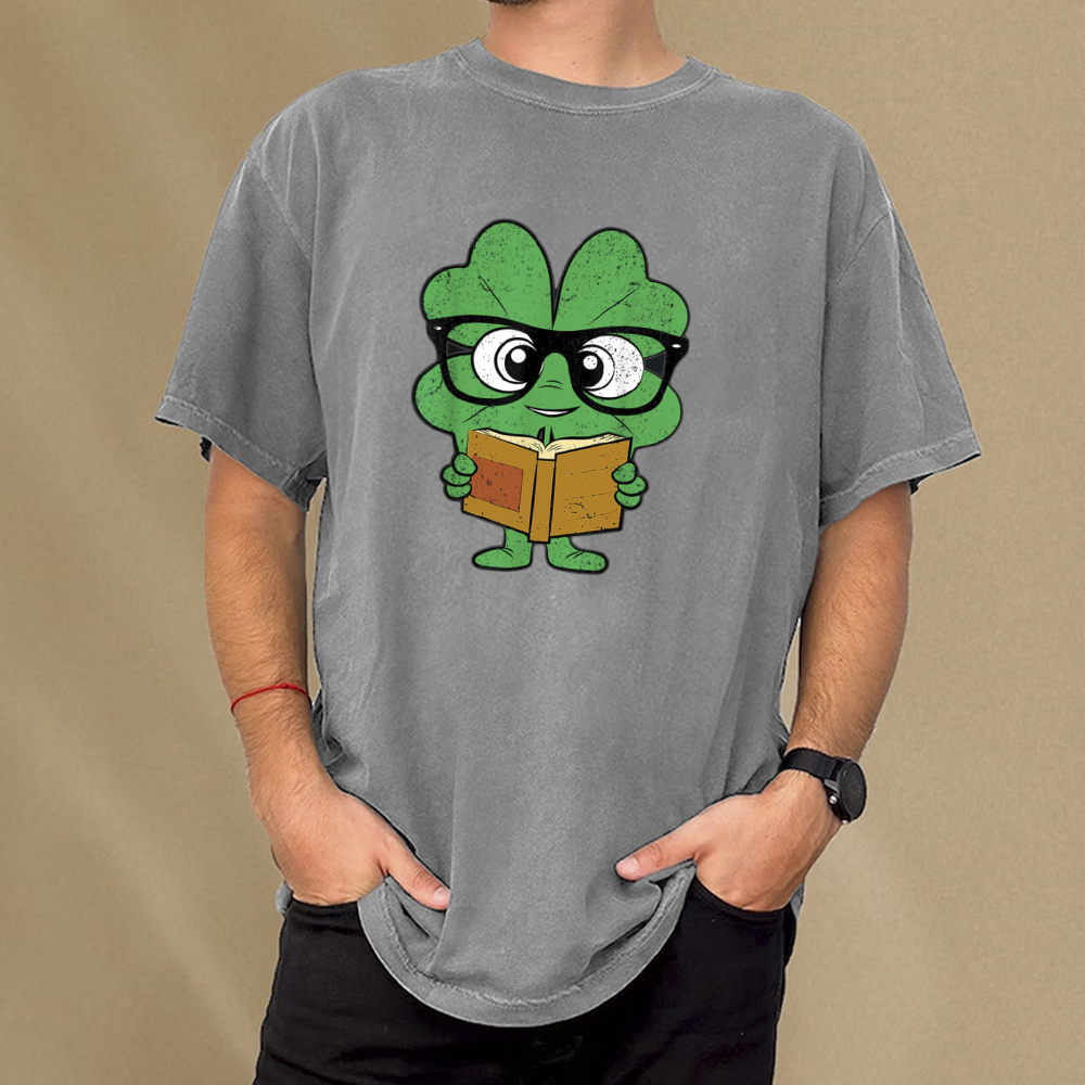 Pagewing Shamrock Reading Books St Patricks Day Unisex Washed T-shirt