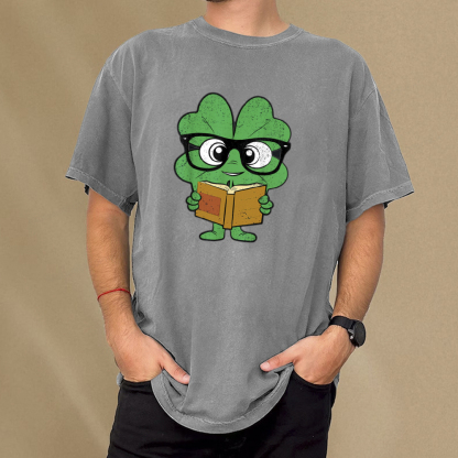 Pagewing Shamrock Reading Books St Patricks Day Unisex Washed T-shirt