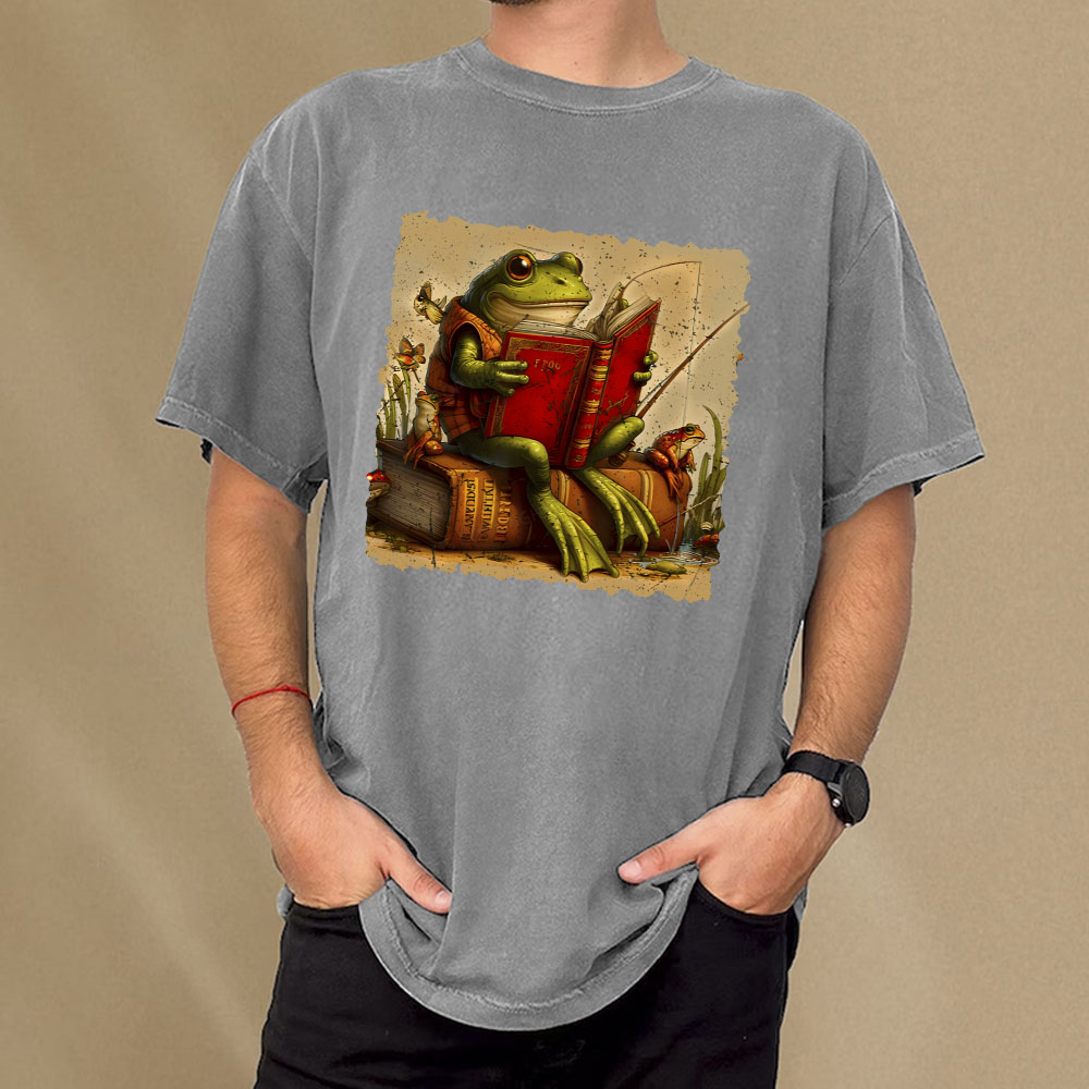 Pagewings Toad Fishing Book Reading Book Unisex Washed T-shirt