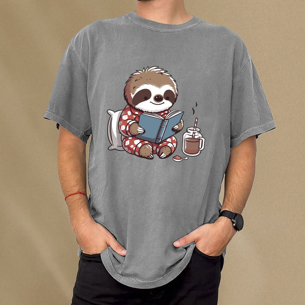 Pagewings Books Sloth Book lover Gift cute sloth on Unisex Washed T-shirt