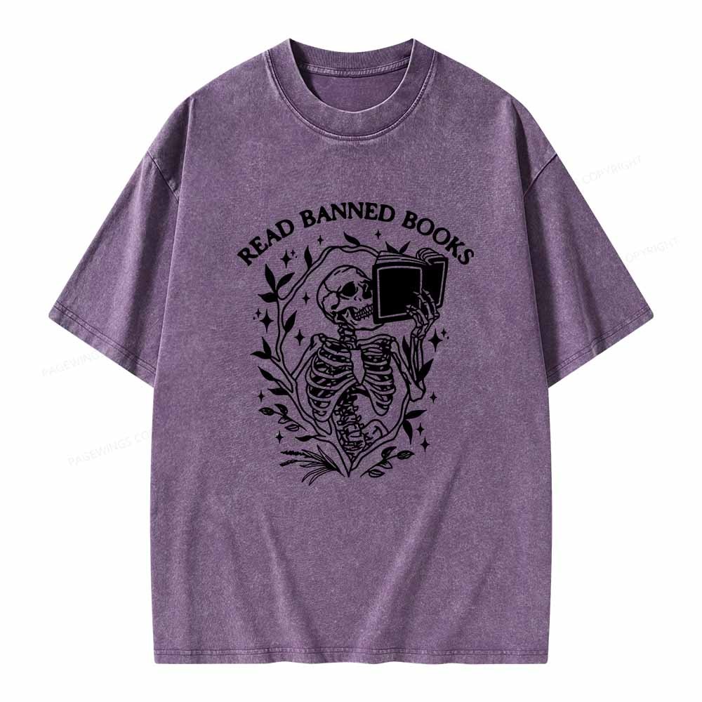 Pagewings Read Banned Books Skeleton Halloween Goth Protest T-Shirt Unisex Washed T-shirt