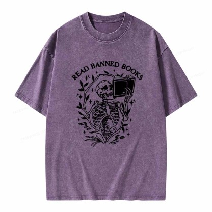 Pagewings Read Banned Books Skeleton Halloween Goth Protest T-Shirt Unisex Washed T-shirt