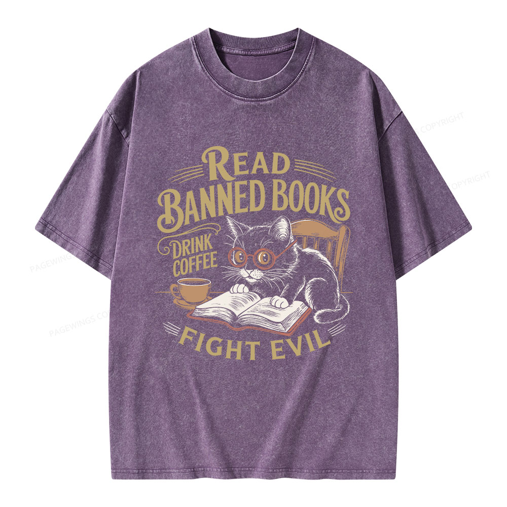 Pagewings Read Books Drink Coffee Fight Evil Unisex Washed T-shirt