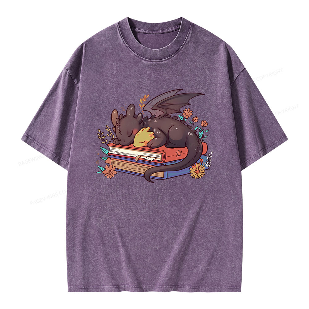Pagewings Cute Book Dragon Unisex Washed T-shirt