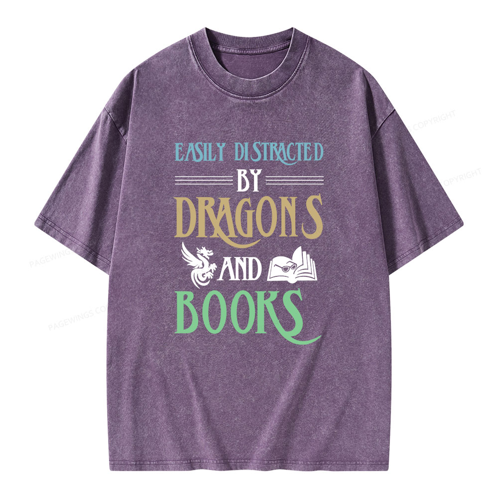 Pagewings Easily Distracted By Dragons And Books Unisex Washed T-shirt