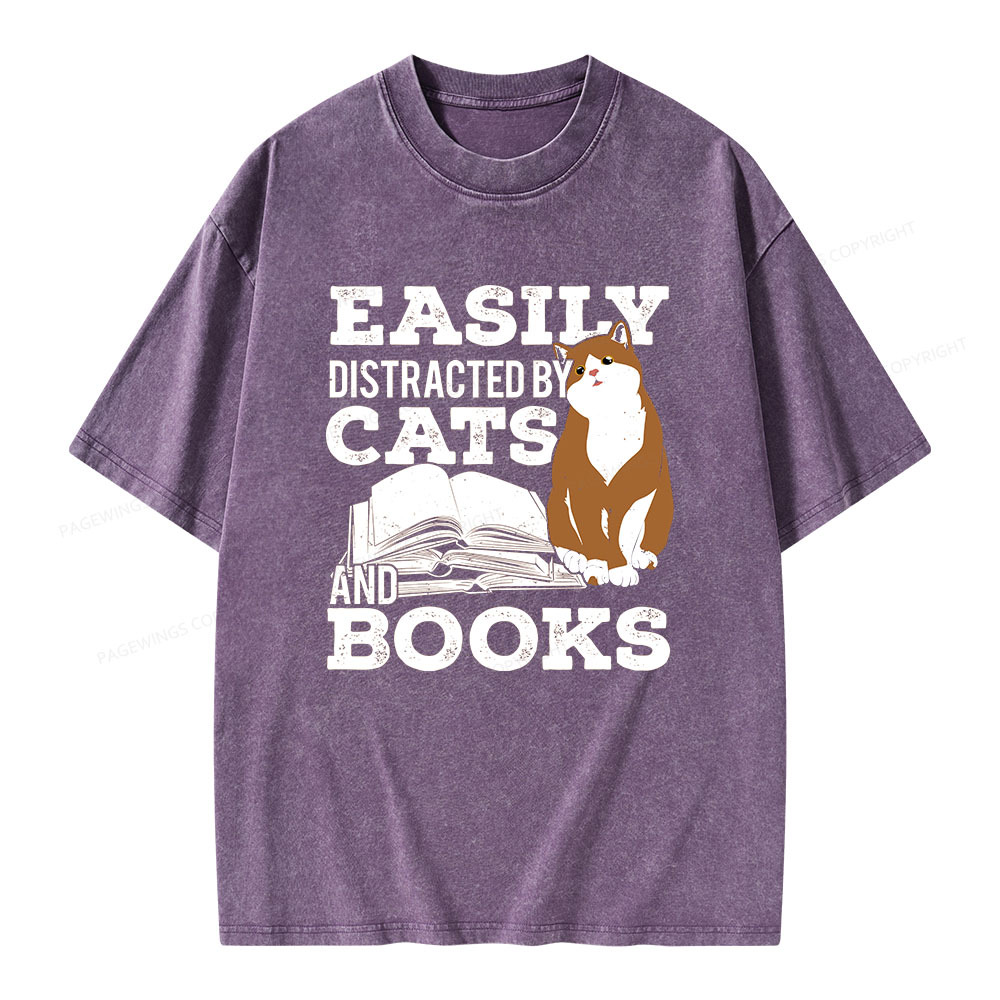 Pagewings Easily Distracted By Cats And Books All Year Unisex Washed T