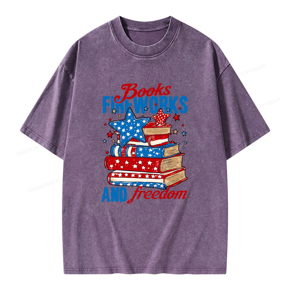 Pagewings Books Fireworks and Freedom Retro Unisex Washed T-shirt