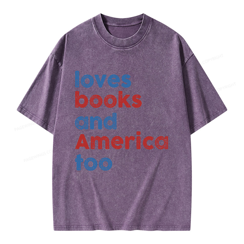 Pagewings Loves Books and America Too Unisex Washed T-shirt