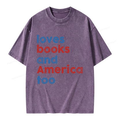 Pagewings Loves Books and America Too Unisex Washed T-shirt