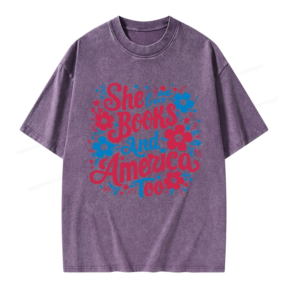 Pagewings She Loves Books And America Too Unisex Washed T-shirt