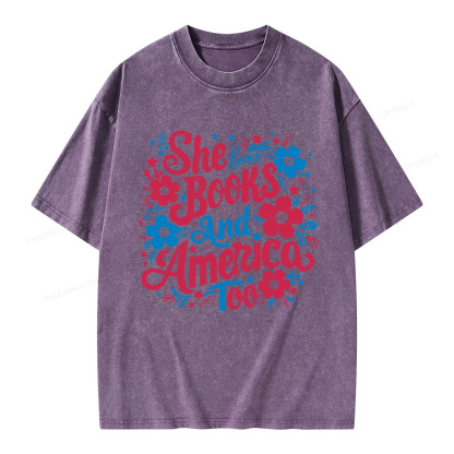 Pagewings She Loves Books And America Too Unisex Washed T-shirt