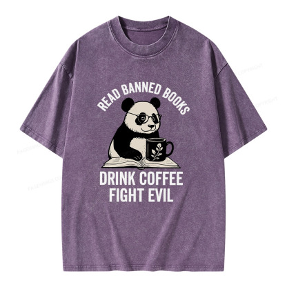 Pagewings Read Banned Books Drink Coffee Fight Evil Unisex Washed T-shirt