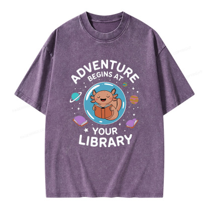Pagewings Adventure Begins At Your Library Unisex Washed T-shirt