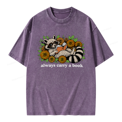 Pagewings Always Carry a Book Raccoon Unisex Washed T-shirt